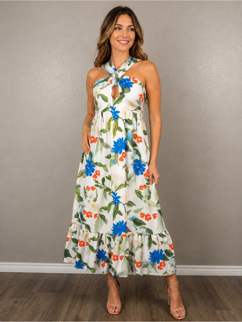 NWOT Grace Karin White Maxi Dress with Blue & Orange Floral Motif, Medium